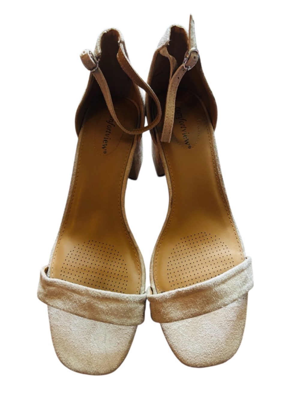Comfortview Suede Tan Ankle Strap Heels. 11WW